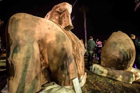 CORRECTION - A general view shows the statue believed to belong to King Psammetich I (Psamtik I), outside the Egyptian museum in Cairo on March 16, 2017, following its discovery by a team of German-Egyptian archeologists in Cairo's Mattarya district. / AFP PHOTO / KHALED DESOUKI / The erroneous mention[s] appearing in the metadata of this photo by KHALED DESOUKI has been modified in AFP systems in the following manner: [statue believed to belong to King Psammetich I (Psamtik I)] instead of [statue of King Psamtek l]. Please immediately remove the erroneous mention[s] from all your online services and delete it (them) from your servers. If you have been authorized by AFP to distribute it (them) to third parties, please ensure that the same actions are carried out by them. Failure to promptly comply with these instructions will entail liability on your part for any continued or post notification usage. Therefore we thank you very much for all your attention and prompt action. We are sorry for the inconvenience this notification may cause and remain at your disposal for any further information you may require.        (Photo credit should read KHALED DESOUKI/AFP/Getty Images)