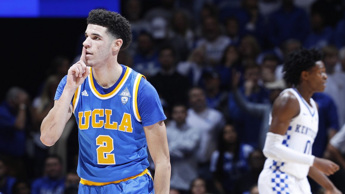 LEXINGTON, KY - DECEMBER 03: Lonzo Ball #2 of the UCLA Bruins reacts after making a three-point basket against the Kentucky Wildcats in the second half of the game at Rupp Arena on December 3, 2016 in Lexington, Kentucky. UCLA defeated Kentucky 97-92. (Photo by Joe Robbins/Getty Images)