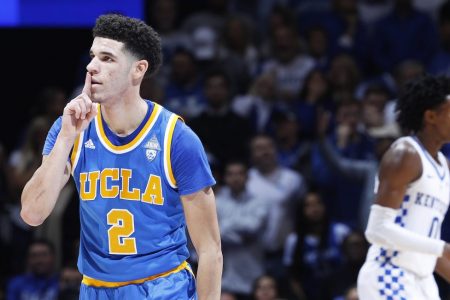 LEXINGTON, KY - DECEMBER 03: Lonzo Ball #2 of the UCLA Bruins reacts after making a three-point basket against the Kentucky Wildcats in the second half of the game at Rupp Arena on December 3, 2016 in Lexington, Kentucky. UCLA defeated Kentucky 97-92. (Photo by Joe Robbins/Getty Images)