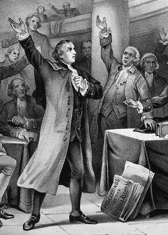 1775:  American statesman Patrick Henry (1736 - 1799) delivers his patriotic 'give me liberty, or give me death' speech before the Virginia Assembly. Original Artwork: Printed by Currier & Ives.  (Photo by MPI/Getty Images)