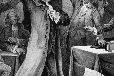 1775:  American statesman Patrick Henry (1736 - 1799) delivers his patriotic 'give me liberty, or give me death' speech before the Virginia Assembly. Original Artwork: Printed by Currier & Ives.  (Photo by MPI/Getty Images)