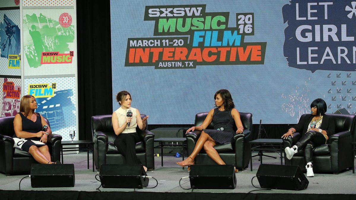 First Lady Michelle Obama, Sophia Bush, Queen Latifah and Missy Elliott speak on stage during the SXSW Keynote: Michelle Obama during 2016 SXSW Music, Film + Interactive Festival at Austin Convention Center on March 16, 2016 in Austin, Texas.  (Neilson Barnard/Getty Images for SXSW)