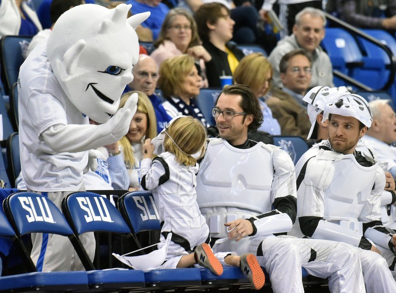 ST. LOUIS, MO - FEBRUARY 14: The Billikens mascot gives a high five to a little storm trooper during an Atlantic 10 conference basketball game between the Dayton University Flyers and the Saint Louis University Billikens on February 14, 2017, at Chaifetz Arena in St. Louis, MO. Dayton won, 85-3. (Photo by Keith Gillett/Icon Sportswire via Getty Images)