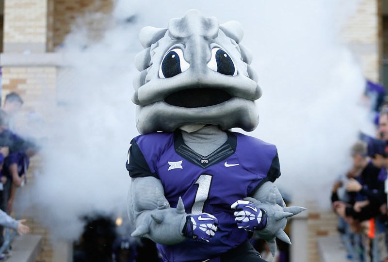 FORT WORTH, TX - DECEMBER 06: The TCU Horned Frogs mascot, "Super Frog" performs during the Big 12 college football game against the Iowa State Cyclones at Amon G. Carter Stadium on December 6, 2014 in Fort Worth, Texas. The Horned Frongs defeated the Cyclones 55-3. (Photo by Christian Petersen/Getty Images)
