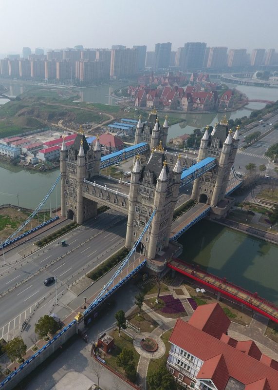 Different from the London original, the Suzhou copycat has four interconnected towers to carry more lanes of motorway. The local government copied 56 famous bridges onto its river in a bid to attract tourists in 2012.
(Feature China/Barcroft Images /Barcroft Media via Getty Images)