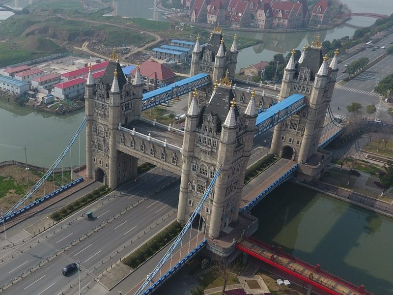 Different from the London original, the Suzhou copycat has four interconnected towers to carry more lanes of motorway. The local government copied 56 famous bridges onto its river in a bid to attract tourists in 2012. (Feature China/Barcroft Images /Barcroft Media via Getty Images)