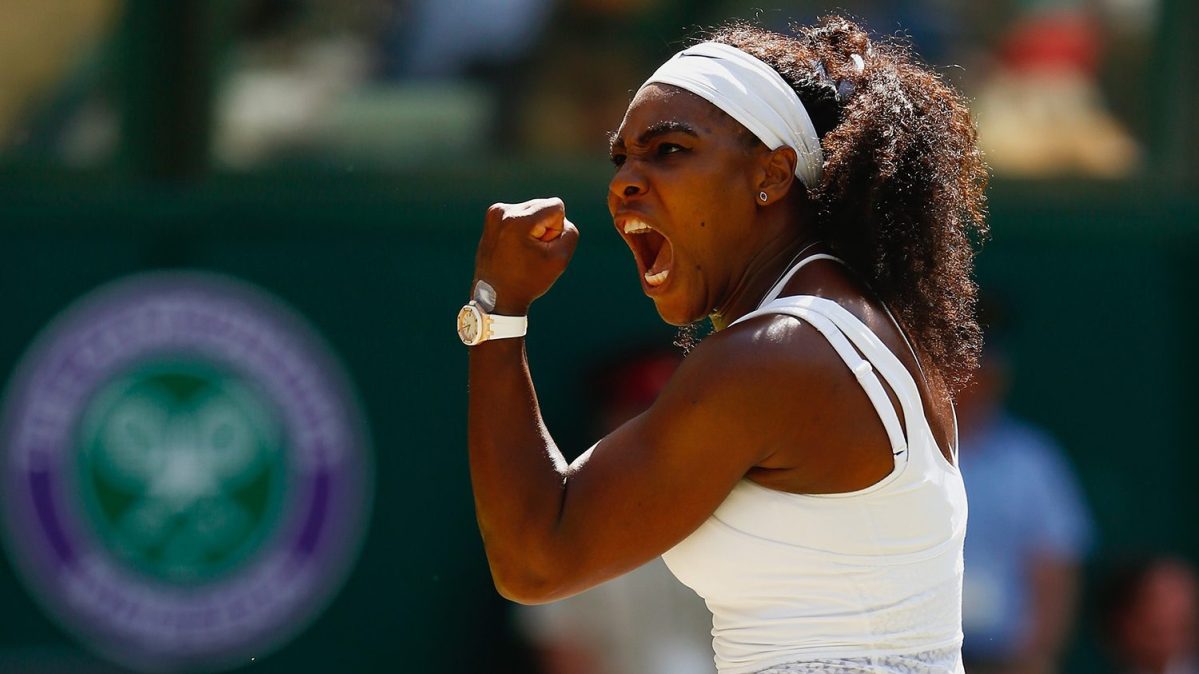 Serena Williams of the United States celebrates winning a point in the Final Of The Ladies' Singles against Garbine Muguruza of Spain during day twelve of the Wimbledon Lawn Tennis Championships at the All England Lawn Tennis and Croquet Club on July 11, 2015 in London, England.  (Julian Finney/Getty Images)