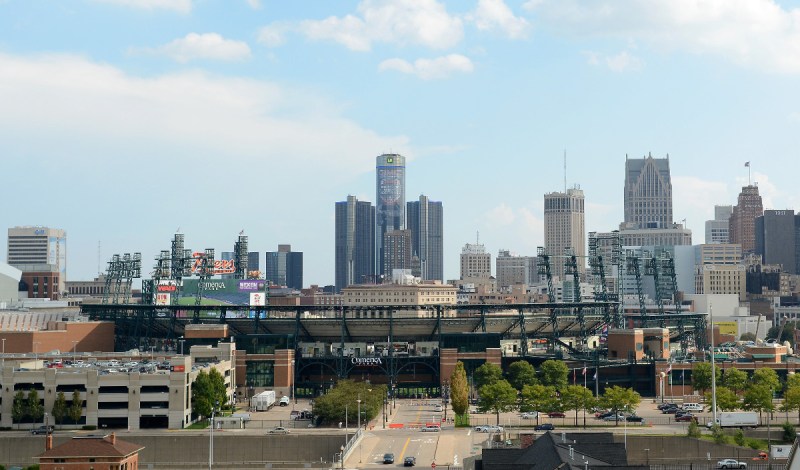 A general exterior view of Comerica Park and the downtown Detroit skyline (Mark Cunningham/MLB Photos via Getty Images)
