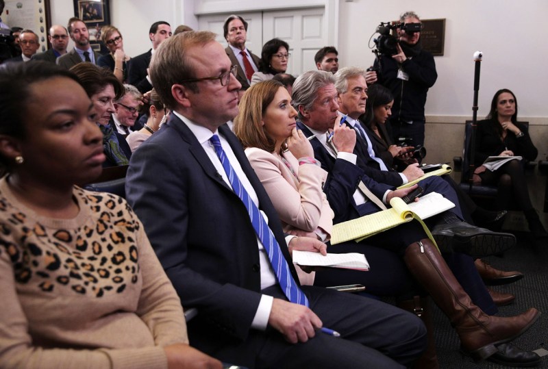 Members of the White House press corps listen during a daily press briefing at the James Brady Press Briefing Room (Alex Wong/Getty Images)