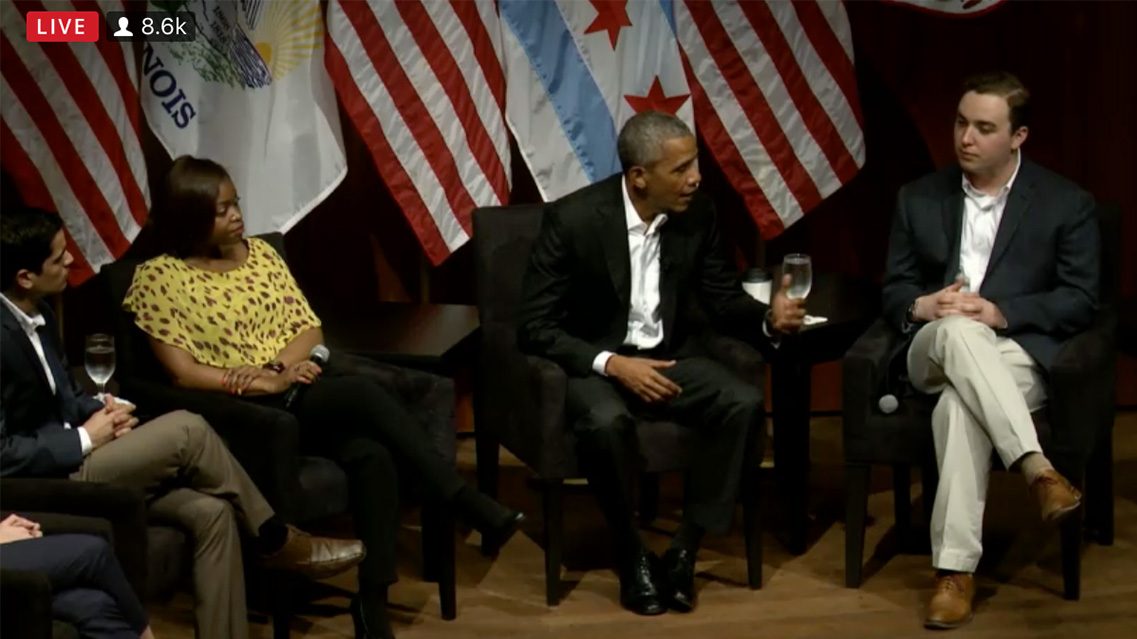 Former President Barack Obama gives his first post-presidency speech at the University of Chicago. (Screengrab/Livestream)