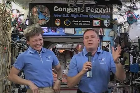 Astronaut Peggy Whitson aboard the International Space Station (White House/YouTube/LiveStream)