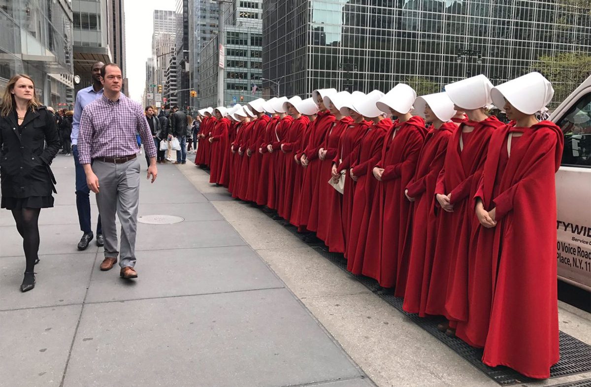 Women dressed as characters from Hulu's "The Handmaids Tale" have been seen around various U.S. cities ahead of the April 26 release date. (Twitter user)