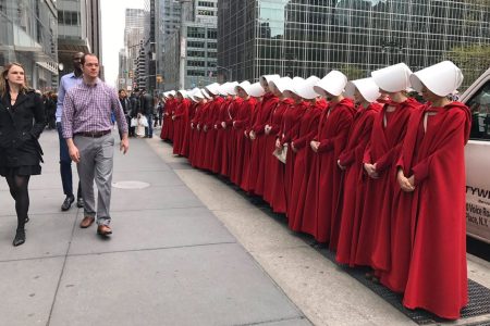 Women dressed as characters from Hulu's "The Handmaids Tale" have been seen around various U.S. cities ahead of the April 26 release date. (Twitter user)