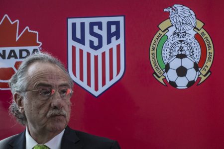 Decio de Maria President of the Mexican Football Federatio attends a press conference announcing the next soccer 2026 World Cup in North America on April 10, 2017 at the One World Trade Center in New York.
The United States, Mexico and Canada announced a joint bid to stage the 2026 World Cup on Monday, aiming to become the first three-way co-hosts in the history of FIFA's showpiece tournament.  / AFP PHOTO / KENA BETANCUR        (Photo credit should read KENA BETANCUR/AFP/Getty Images)