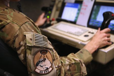  A pilot prepares to launch a U.S. Air Force MQ-1B Predator unmanned aerial vehicle (UAV), from a ground control station at a secret air base in the Persian Gulf region on January 7, 2016. (John Moore/Getty Images)