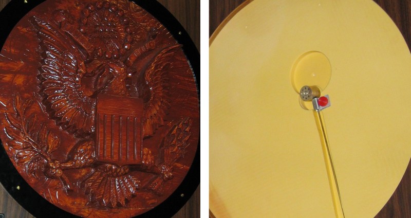 The Great Seal, right, which held the concealed Soviet listening device, left. (Austin Mills via Flickr)