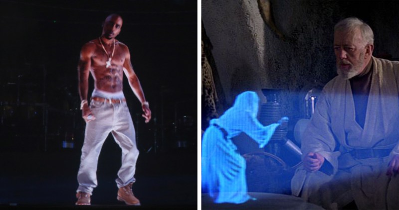Tupac's hologram performance at Coachella in 2012, left, and the famous scene with Princess Leia, right. (Getty Images/Lucasfilm)