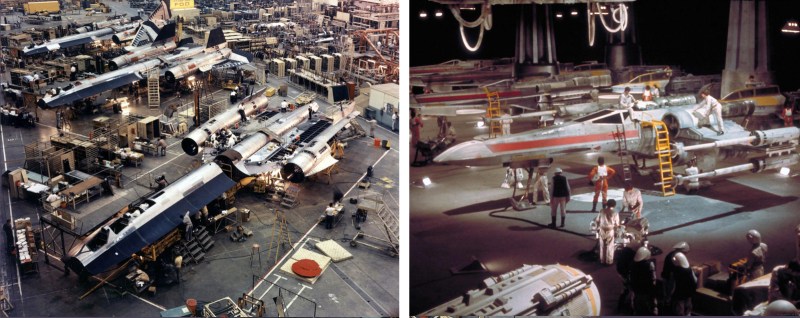 SR-71 production at Lockheed Skunk Works, left, and an X-Wing hangar at the Rebel Base on Yavin 4, right. (Wikimedia Commons/Lucasfilm)