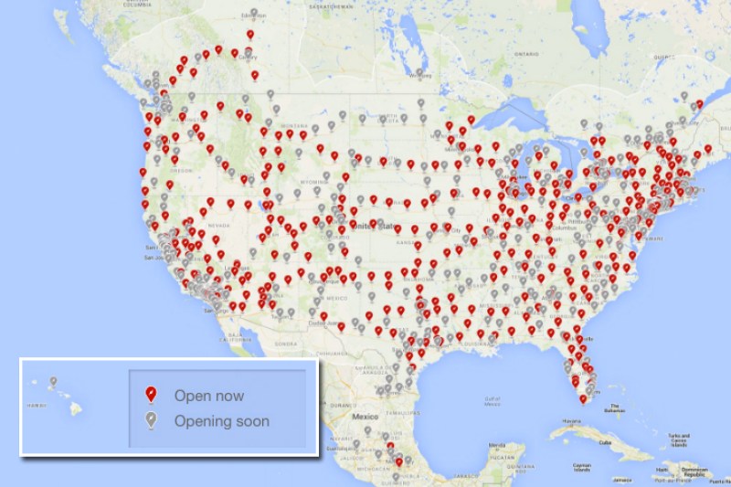 Map of existing and planned charging stations (Tesla)