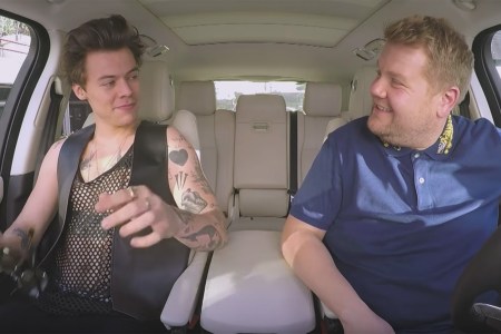 Harry Styles filming a "Carpool Karaoke" segment on "The Late Late Show" with James Corden.