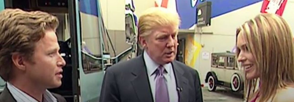 A screenshot from the infamous 'Access Hollywood' tape in which Donald Trump bragged about sexually assaulting women and Billy Bush egged him on.