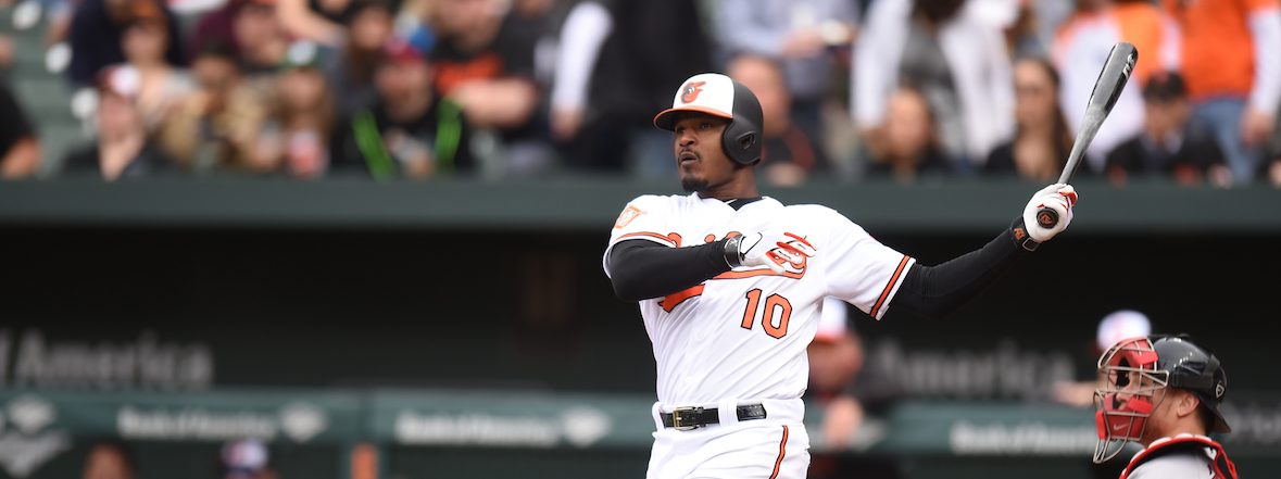 Adam Jones #10 of the Baltimore Orioles takes a swing during a baseball game against the Boston Red Sox at Oriole Park at Camden Yards on April 23, 2017 in Baltimore, Maryland.  The Red Sox won 6-2.  (Photo by Mitchell Layton/Getty Images)