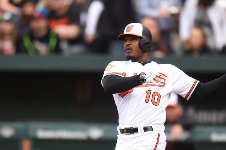 Adam Jones #10 of the Baltimore Orioles takes a swing during a baseball game against the Boston Red Sox at Oriole Park at Camden Yards on April 23, 2017 in Baltimore, Maryland.  The Red Sox won 6-2.  (Photo by Mitchell Layton/Getty Images)