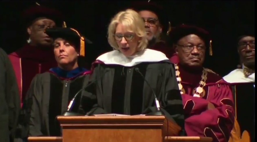 Betsy DeVos delivering a commencement speech at Bethune-Cookman University.