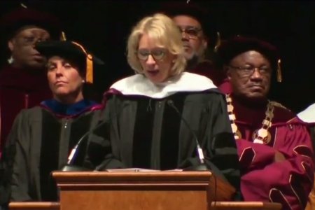 Betsy DeVos delivering a commencement speech at Bethune-Cookman University.