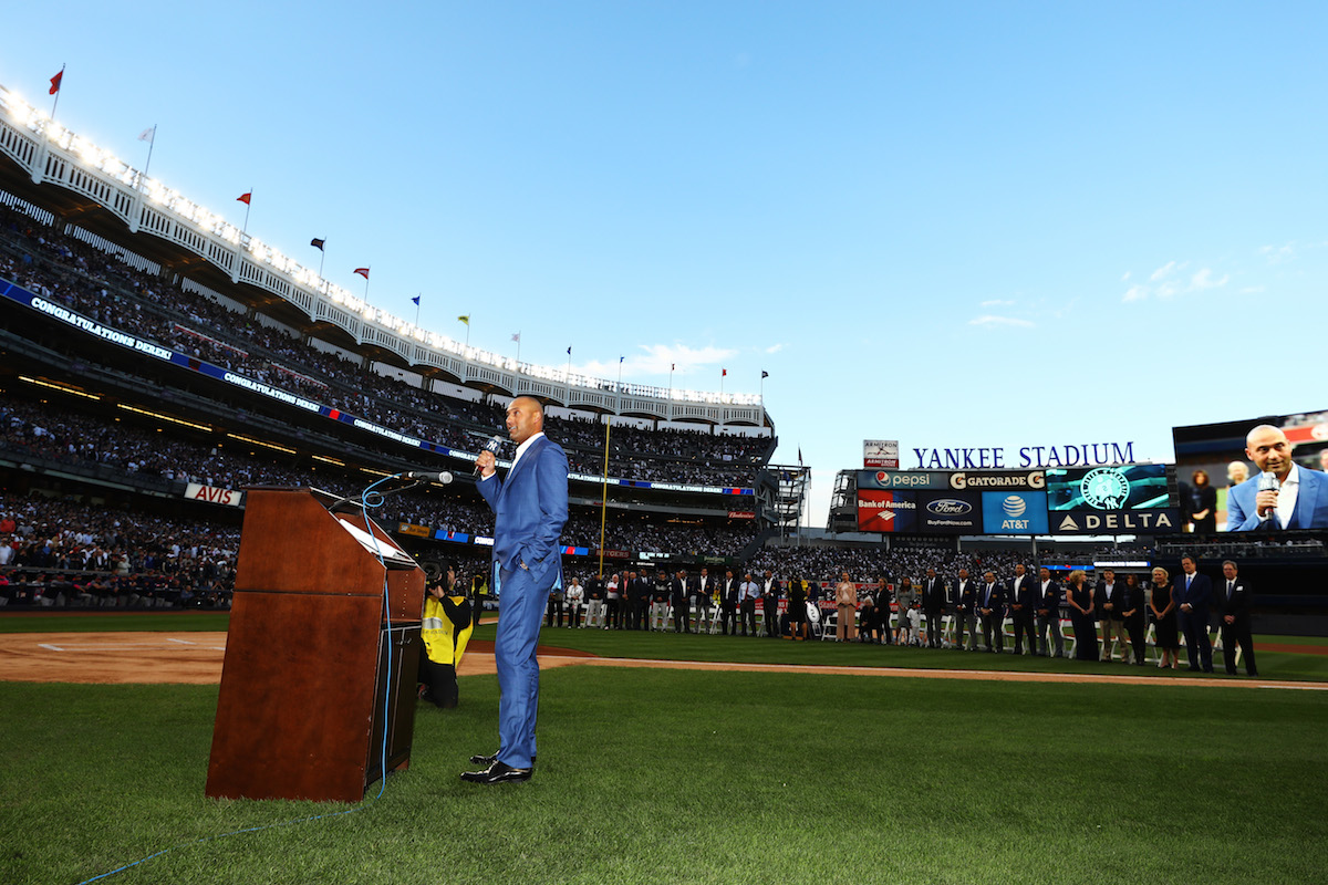 Derek Jeter at the retirement of his number 2 jersey at Yankee Stadium on May 14, 2017. (Al Bello/Getty Images)