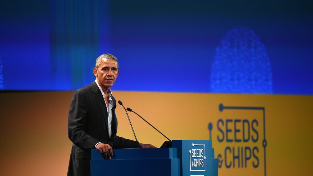 Former President Barack Obama speaks at a food and farming conference in Milan, Italy.