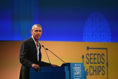 Former President Barack Obama speaks at a food and farming conference in Milan, Italy.