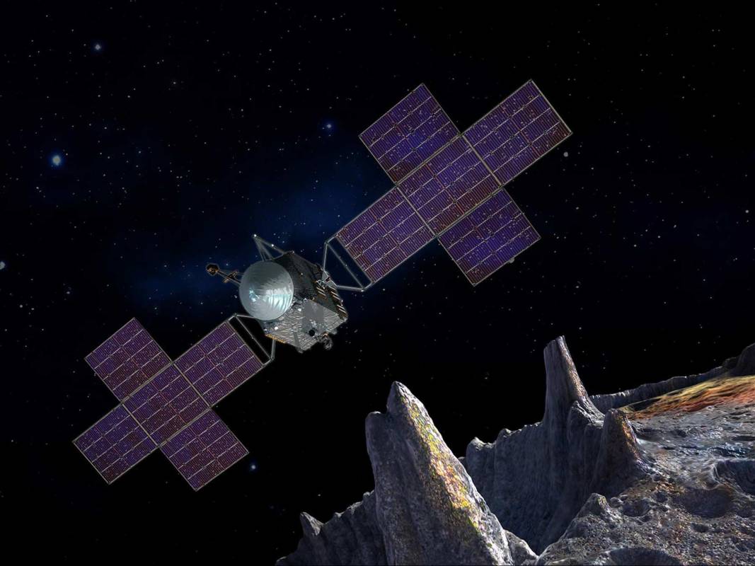 Artist's concept of the Psyche spacecraft, which will conduct a direct exploration of an asteroid thought to be a stripped planetary core. (SSL/ASU/P. Rubin/NASA/JPL-Caltech)