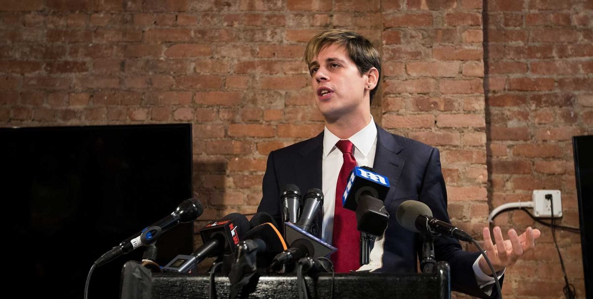 Milo Yiannopoulos speaks during a press conference, February 21, 2017 in New York City. After comments he made regarding pedophilia surfaced in an online video, Yiannopoulos resigned from his position at Brietbart News, was uninvited to speak at the Conservative Political Action Conference (CPAC) and lost a major book deal with Simon & Schuster. (Drew Angerer/Getty Images)