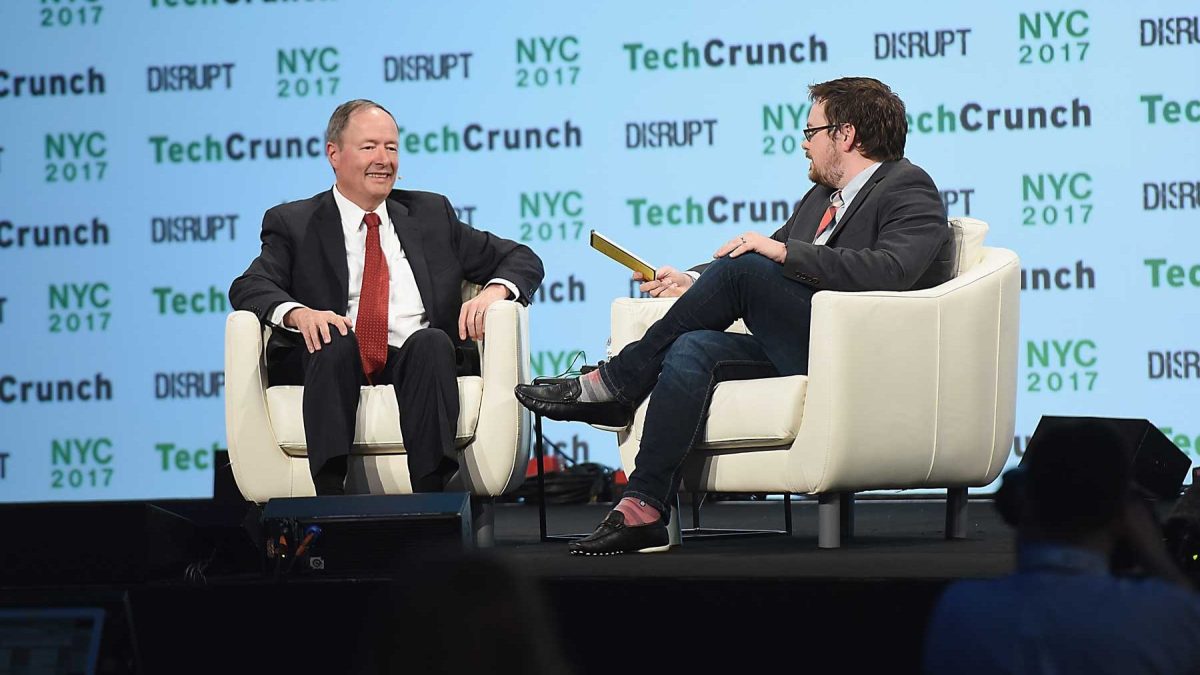 Founder and CEO of IronNet Cybersecurity General Keith Alexander and TechCruch senior editor Matt Burns speak onstage during TechCrunch Disrupt NY 2017 - Day 2 at Pier 36 on May 16, 2017 in New York City. (Noam Galai/Getty Images for TechCrunch)