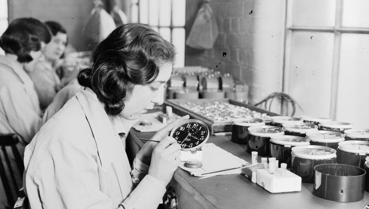 Women painting alarm clock faces with radium-laden paint in January 1932. (Daily Herald Archive/SSPL/Getty Images)