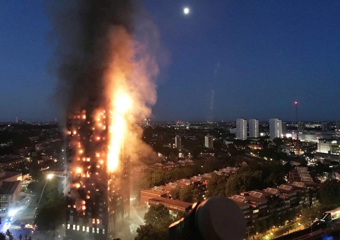 The Grenfell Tower engulfed in flames in West London early June 14, 2017.