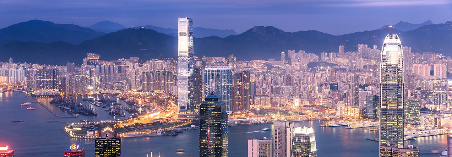 View from Victoria Peak observation deck looking north towards Victoria Harbour and Kowloon.