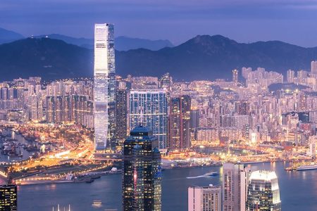 View from Victoria Peak observation deck looking north towards Victoria Harbour and Kowloon.