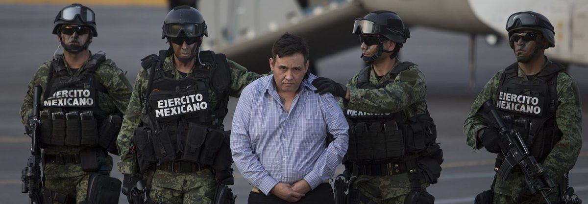 Omar Trevino alias "El Z-42" leader of criminal organisation "Los Zetas" is presented by Mexican Army after his arrest in the Mexican State of Nuevo Leon at the PGR Hangar on March 04, 2015 in Mexico City, Mexico.