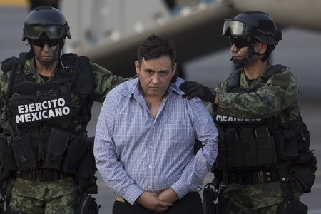 Omar Trevino alias "El Z-42" leader of criminal organisation "Los Zetas" is presented by Mexican Army after his arrest in the Mexican State of Nuevo Leon at the PGR Hangar on March 04, 2015 in Mexico City, Mexico.