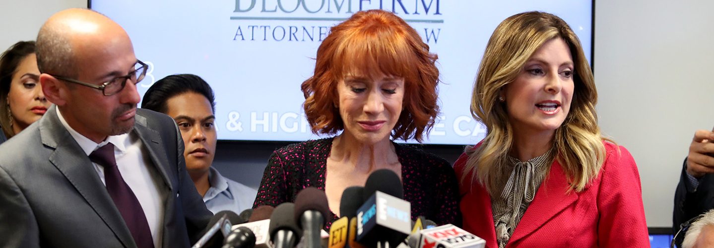 Attorney Dmitry Gorin, Kathy Griffin and attorney Lisa Bloom speak during a press conference.
