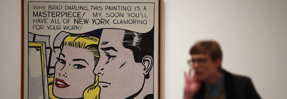 A visitor stands in front of a painting entitled 'Masterpiece,' during a press preview of 'Lichtenstein, a Retrospective' at the Tate Modern on February 18, 2013 in London, England. Steve Cohen just bought this painting for $165 million.