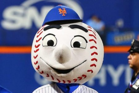 Mr. Met at Citi Field in Flushing, NY at a moment he was not giving an obscene gesture. (Rich Graessle/Icon Sportswire via Getty Images)