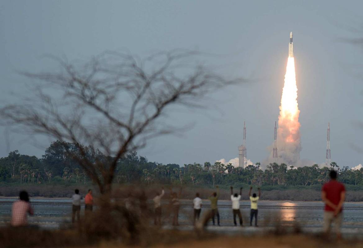 The Indian Space Research Organisation (ISRO) communication satellite GSAT-19, carried onboard the Geosynchronous Satellite Launch Vehicle (GSLV-mark III ), launches at Sriharikota on June 5, 2017. India's most powerful homegrown rocket to date launched June 5, another milestone for its indigenous space programme that one day hopes to put a man into orbit. The 43-metre (140-foot) rocket is scheduled to lift off just before 5:30 pm (1200 GMT) from the southern island of Sriharikota, one of two sites used by the Indian Space Research Organisation (ISRO) to launch satellites. (Arun Sankar/AFP/Getty Images)