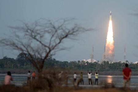 The Indian Space Research Organisation (ISRO) communication satellite GSAT-19, carried onboard the Geosynchronous Satellite Launch Vehicle (GSLV-mark III ), launches at Sriharikota on June 5, 2017. India's most powerful homegrown rocket to date launched June 5, another milestone for its indigenous space programme that one day hopes to put a man into orbit. The 43-metre (140-foot) rocket is scheduled to lift off just before 5:30 pm (1200 GMT) from the southern island of Sriharikota, one of two sites used by the Indian Space Research Organisation (ISRO) to launch satellites. (Arun Sankar/AFP/Getty Images)