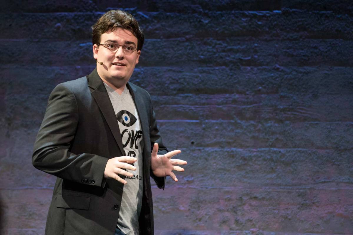 Palmer Luckey, co-founder of Oculus VR Inc. and creator of the Oculus Rift, speaks during the Oculus VR Inc. "Step Into The Rift" event in San Francisco, California, U.S., on Thursday, June 11, 2015. (David Paul Morris/Bloomberg via Getty Images)  