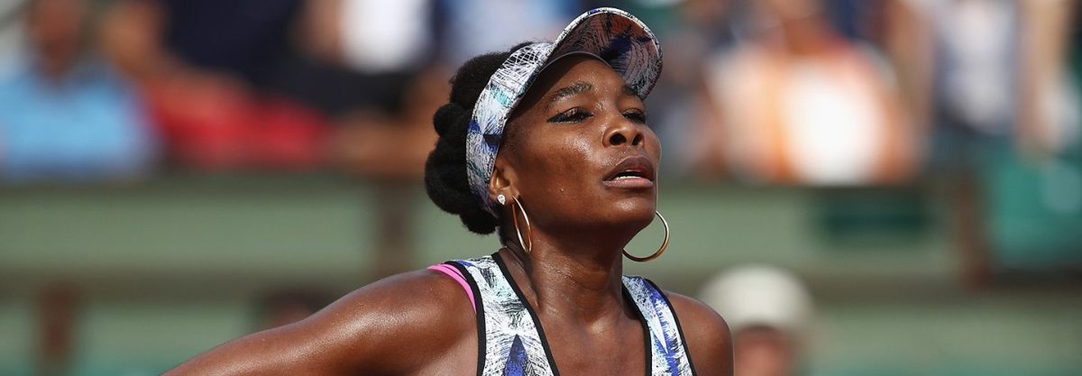 Venus Williams of the United States reacts in her women's singles fourth round match against Timea Bacsinszky of Switzerland during day eight of the French Open at Roland Garros on June 4, 2017 in Paris, France.