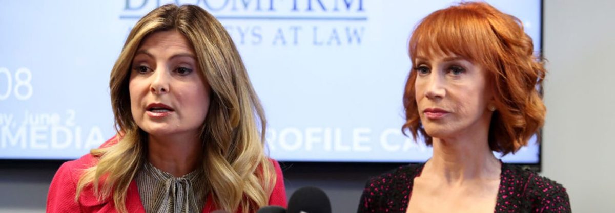 Kathy Griffin and her attorney Lisa Bloom speak during a press conference at The Bloom Firm on June 2, 2017 in Woodland Hills, California. (Getty)