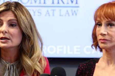 Kathy Griffin and her attorney Lisa Bloom speak during a press conference at The Bloom Firm on June 2, 2017 in Woodland Hills, California. (Getty)